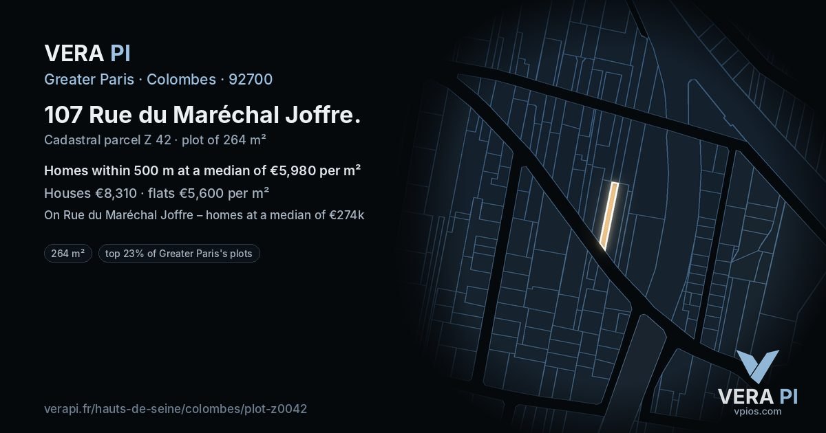 107 Rue du Maréchal Joffre, Colombes at night – the plot lit, the parcels around coloured by the prices near them