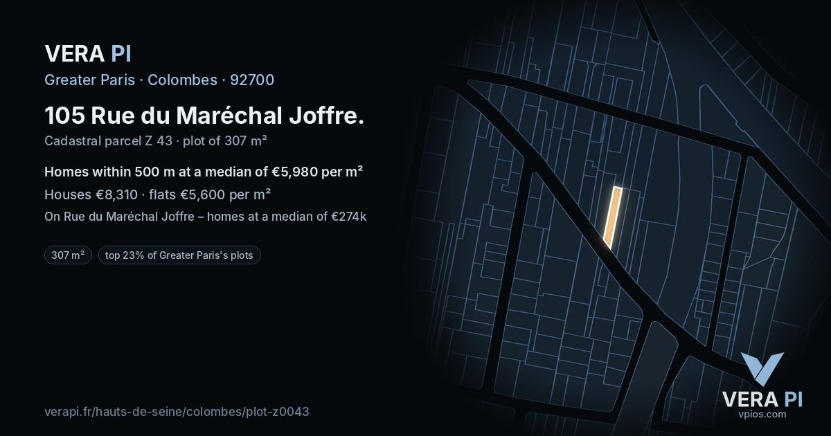 105 Rue du Maréchal Joffre, Colombes at night – the plot lit, the parcels around coloured by the prices near them