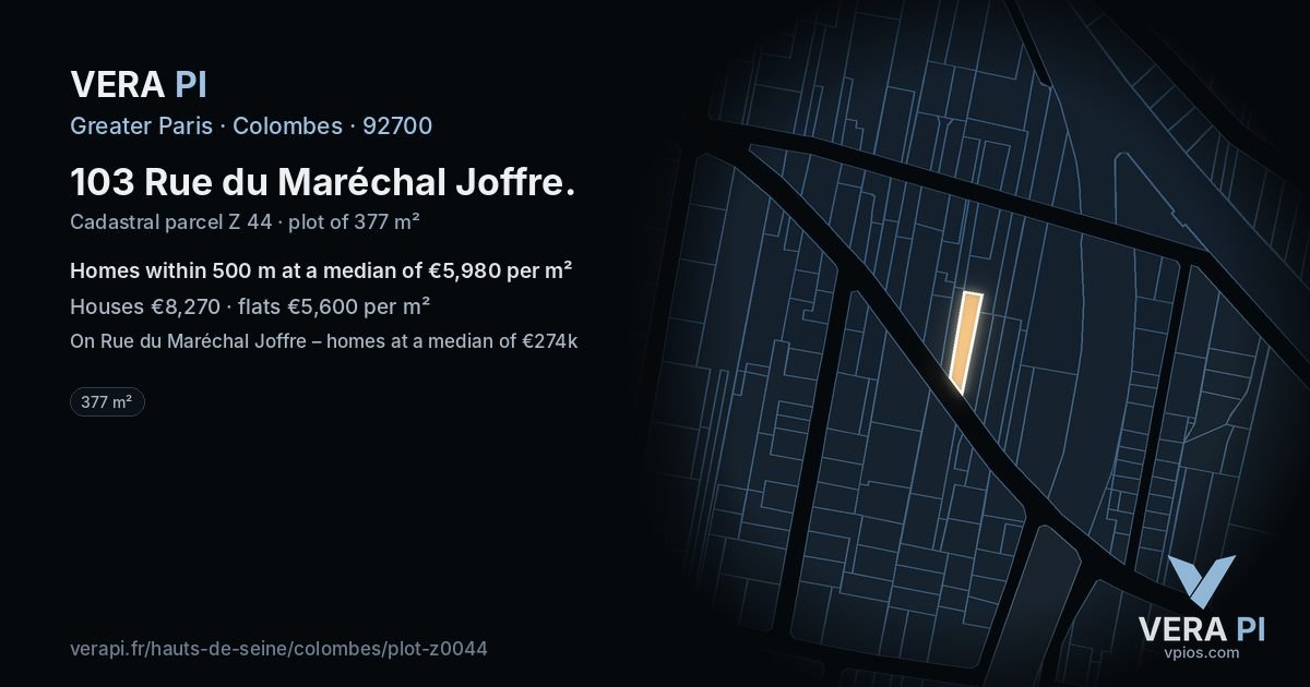 103 Rue du Maréchal Joffre, Colombes at night – the plot lit, the parcels around coloured by the prices near them