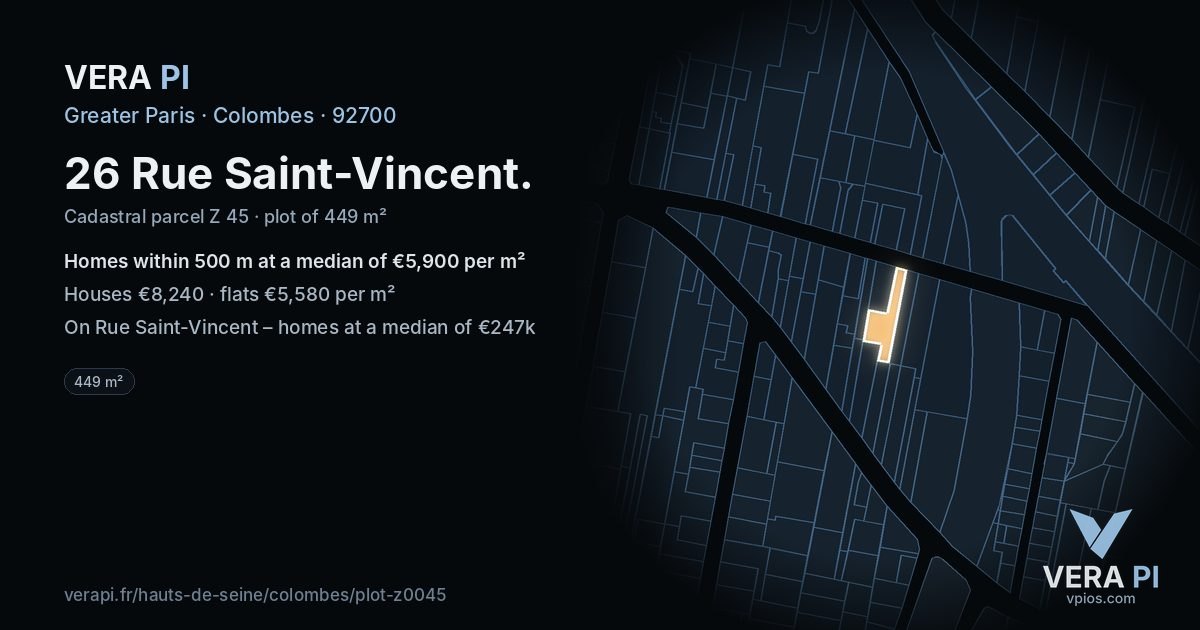 26 Rue Saint-Vincent, Colombes at night – the plot lit, the parcels around coloured by the prices near them