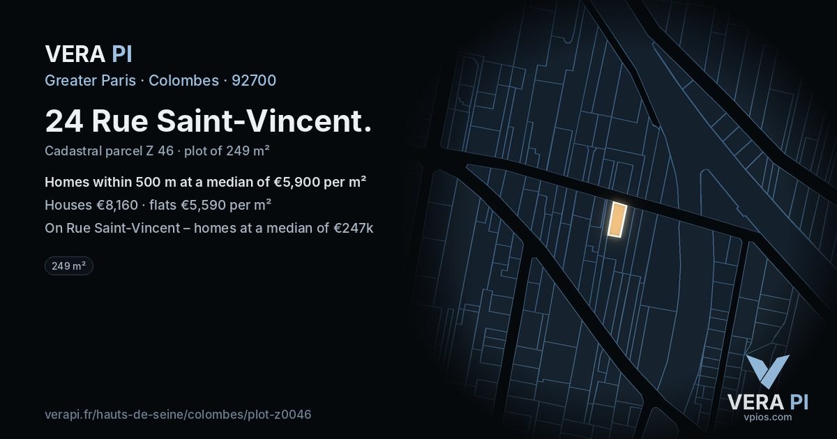 24 Rue Saint-Vincent, Colombes at night – the plot lit, the parcels around coloured by the prices near them