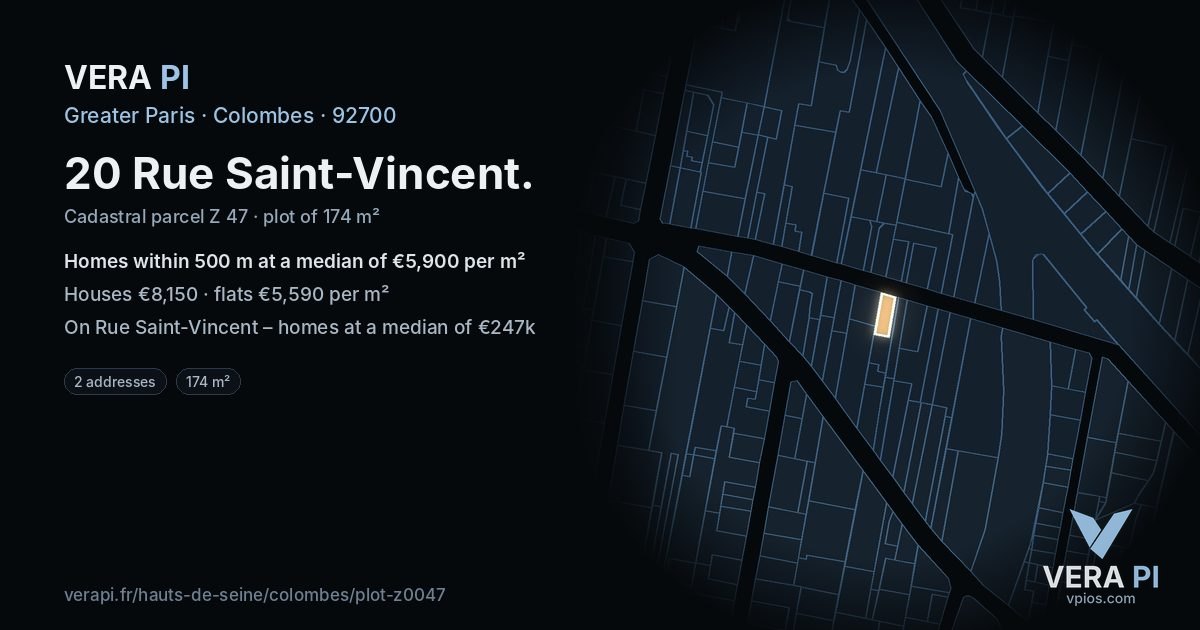 20 Rue Saint-Vincent, Colombes at night – the plot lit, the parcels around coloured by the prices near them
