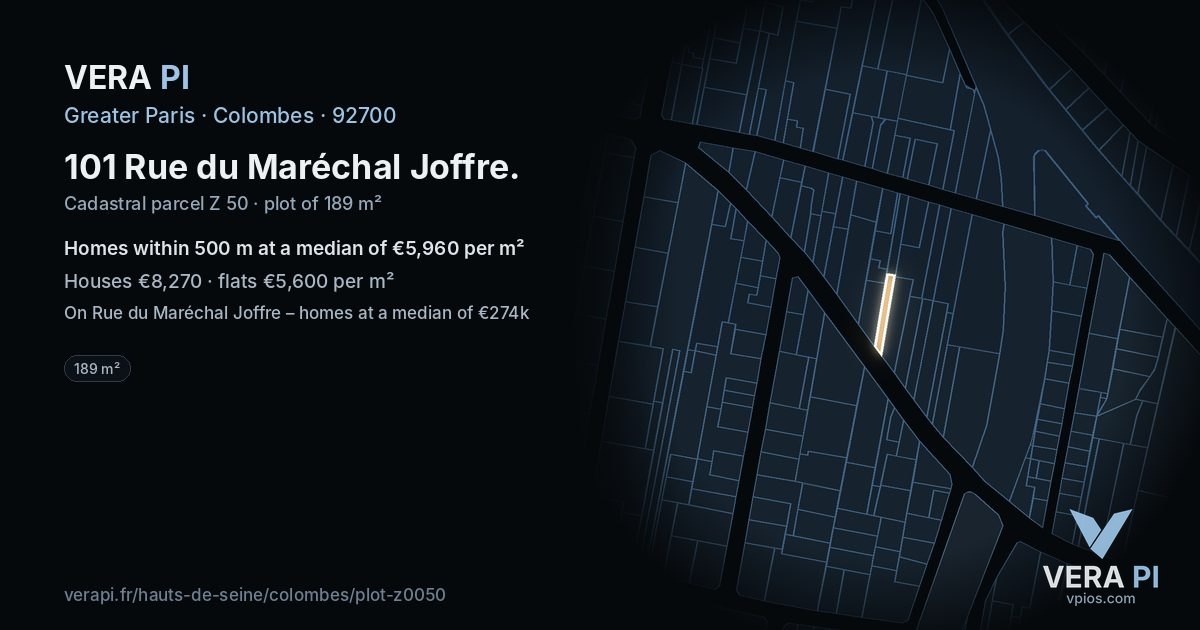 101 Rue du Maréchal Joffre, Colombes at night – the plot lit, the parcels around coloured by the prices near them