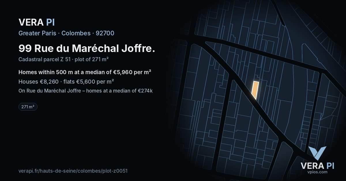 99 Rue du Maréchal Joffre, Colombes at night – the plot lit, the parcels around coloured by the prices near them