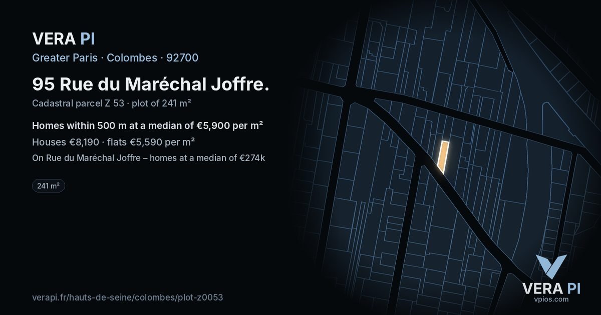 95 Rue du Maréchal Joffre, Colombes at night – the plot lit, the parcels around coloured by the prices near them
