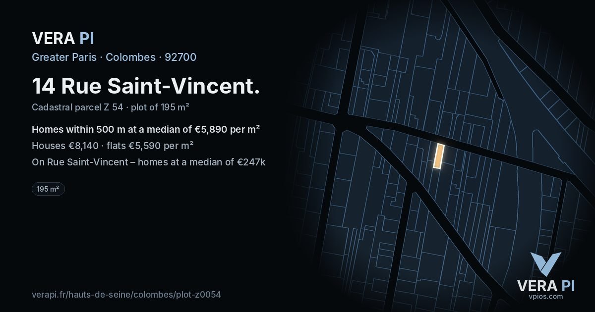 14 Rue Saint-Vincent, Colombes at night – the plot lit, the parcels around coloured by the prices near them
