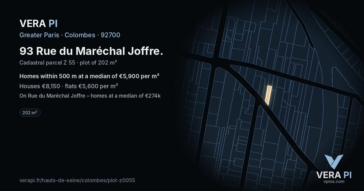 93 Rue du Maréchal Joffre, Colombes at night – the plot lit, the parcels around coloured by the prices near them