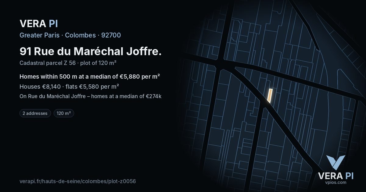 91 Rue du Maréchal Joffre, Colombes at night – the plot lit, the parcels around coloured by the prices near them