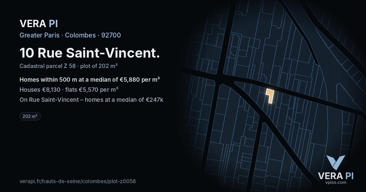 10 Rue Saint-Vincent, Colombes at night – the plot lit, the parcels around coloured by the prices near them