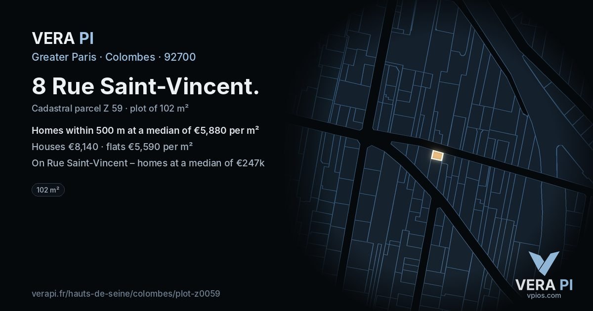 8 Rue Saint-Vincent, Colombes at night – the plot lit, the parcels around coloured by the prices near them
