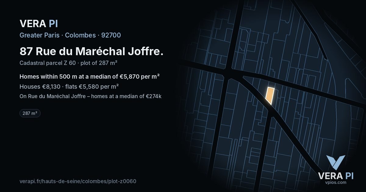 87 Rue du Maréchal Joffre, Colombes at night – the plot lit, the parcels around coloured by the prices near them