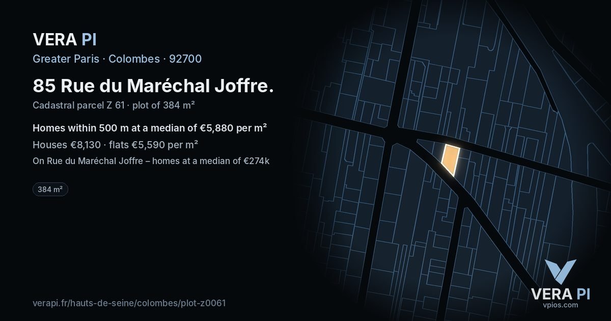 85 Rue du Maréchal Joffre, Colombes at night – the plot lit, the parcels around coloured by the prices near them