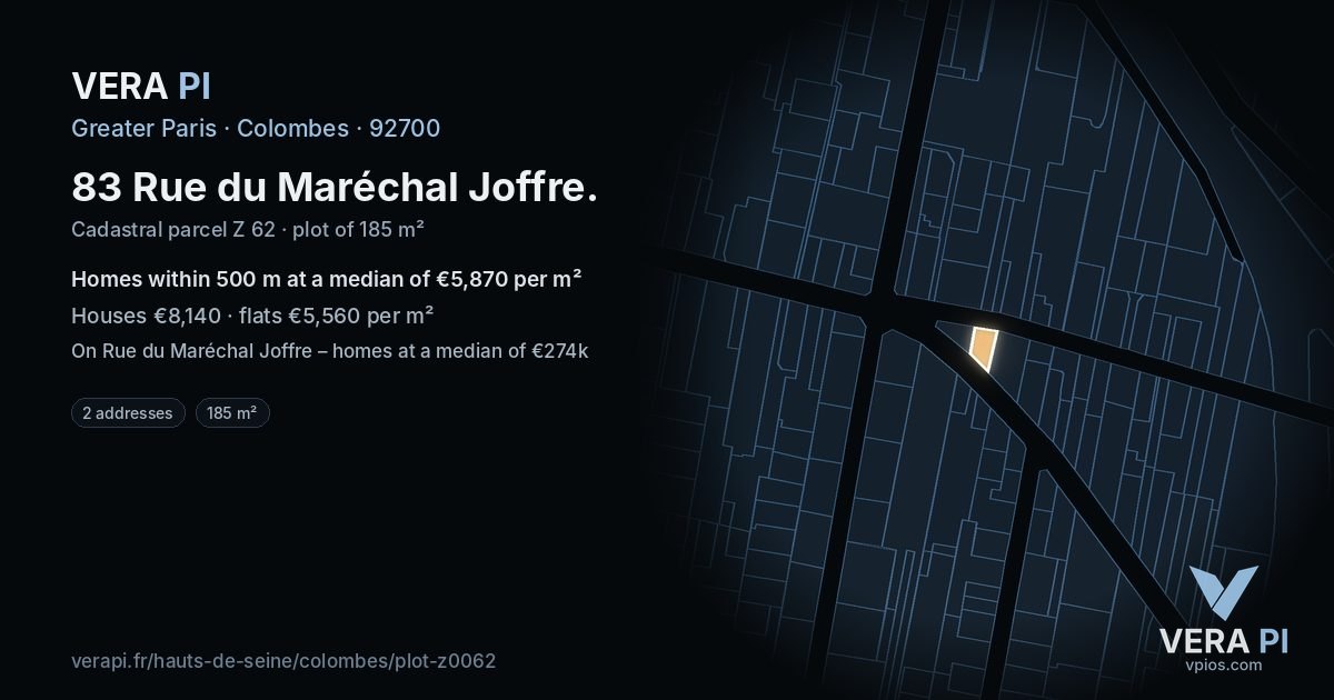 83 Rue du Maréchal Joffre, Colombes at night – the plot lit, the parcels around coloured by the prices near them