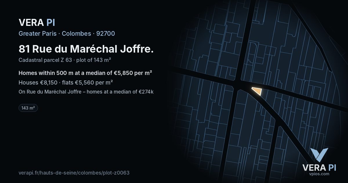 81 Rue du Maréchal Joffre, Colombes at night – the plot lit, the parcels around coloured by the prices near them