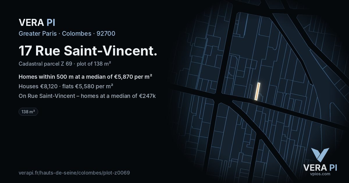 17 Rue Saint-Vincent, Colombes at night – the plot lit, the parcels around coloured by the prices near them