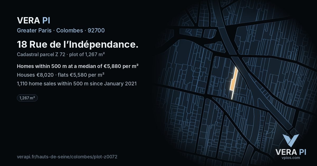 18 Rue de l’Indépendance, Colombes at night – the plot lit, the parcels around coloured by the prices near them