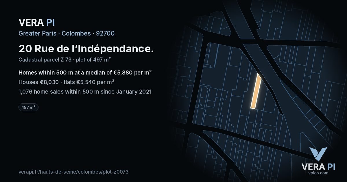 20 Rue de l’Indépendance, Colombes at night – the plot lit, the parcels around coloured by the prices near them