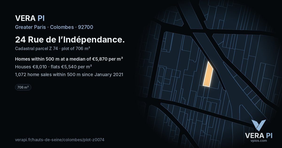 24 Rue de l’Indépendance, Colombes at night – the plot lit, the parcels around coloured by the prices near them