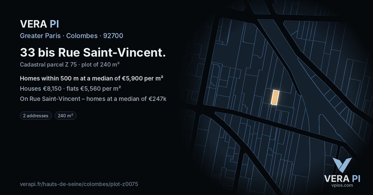 33 bis Rue Saint-Vincent, Colombes at night – the plot lit, the parcels around coloured by the prices near them