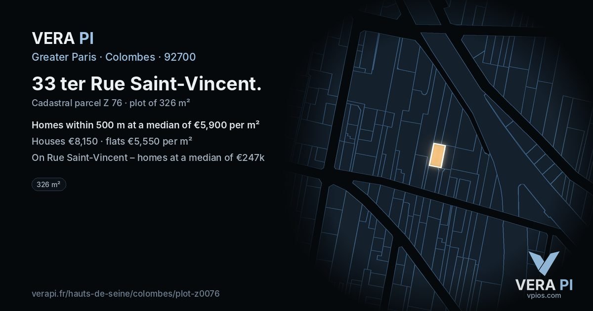 33 ter Rue Saint-Vincent, Colombes at night – the plot lit, the parcels around coloured by the prices near them