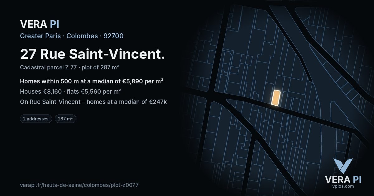 27 Rue Saint-Vincent, Colombes at night – the plot lit, the parcels around coloured by the prices near them