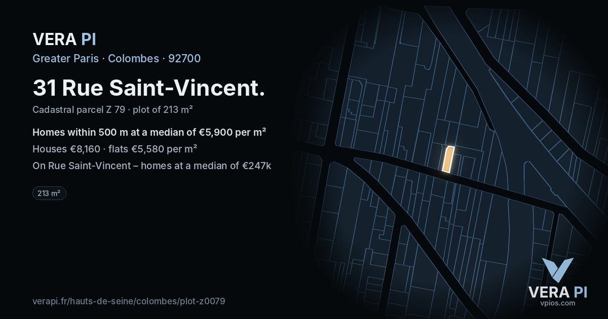 31 Rue Saint-Vincent, Colombes at night – the plot lit, the parcels around coloured by the prices near them