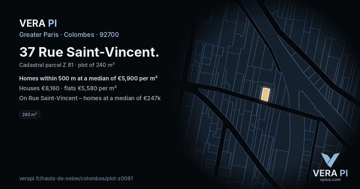37 Rue Saint-Vincent, Colombes at night – the plot lit, the parcels around coloured by the prices near them