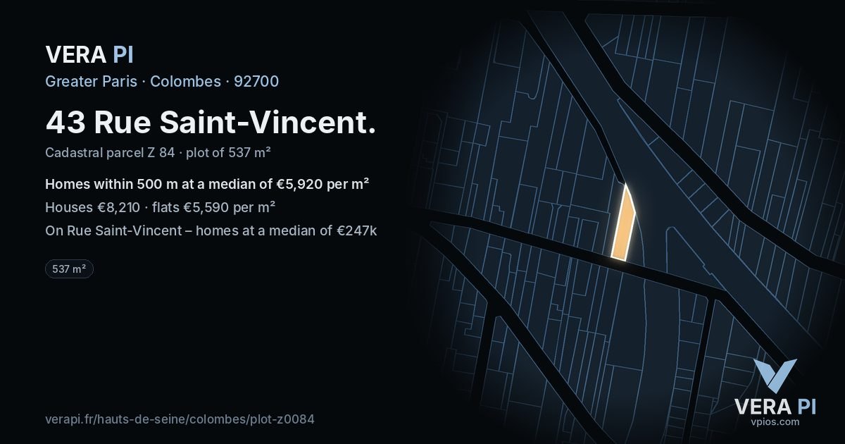 43 Rue Saint-Vincent, Colombes at night – the plot lit, the parcels around coloured by the prices near them