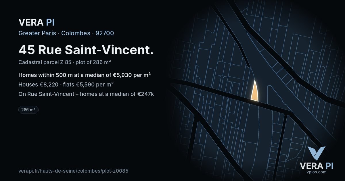 45 Rue Saint-Vincent, Colombes at night – the plot lit, the parcels around coloured by the prices near them