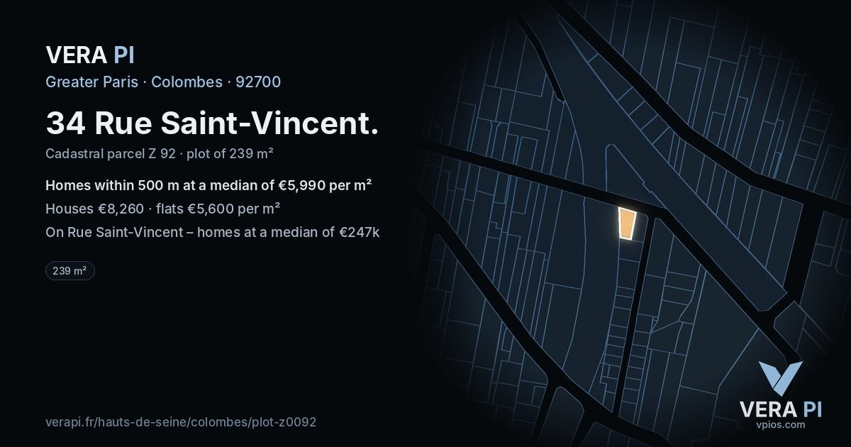 34 Rue Saint-Vincent, Colombes at night – the plot lit, the parcels around coloured by the prices near them