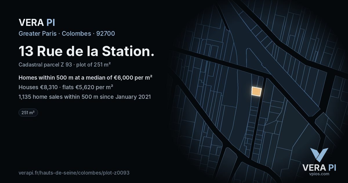 13 Rue de la Station, Colombes at night – the plot lit, the parcels around coloured by the prices near them