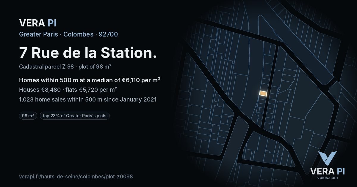 7 Rue de la Station, Colombes at night – the plot lit, the parcels around coloured by the prices near them