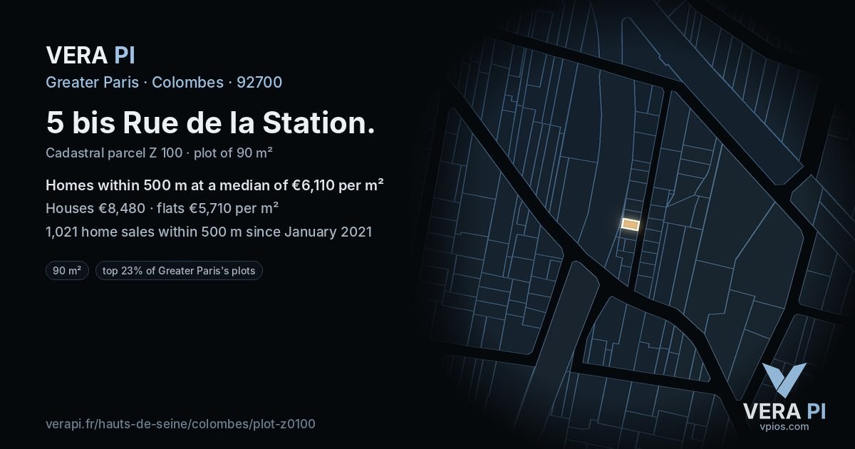 5 bis Rue de la Station, Colombes at night – the plot lit, the parcels around coloured by the prices near them