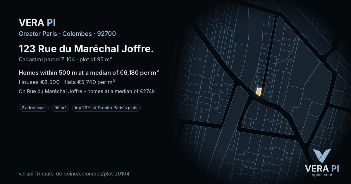 123 Rue du Maréchal Joffre, Colombes at night – the plot lit, the parcels around coloured by the prices near them