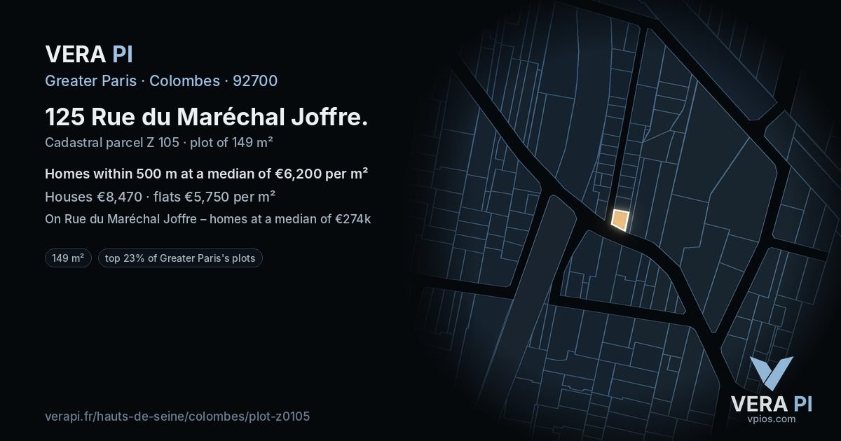 125 Rue du Maréchal Joffre, Colombes at night – the plot lit, the parcels around coloured by the prices near them