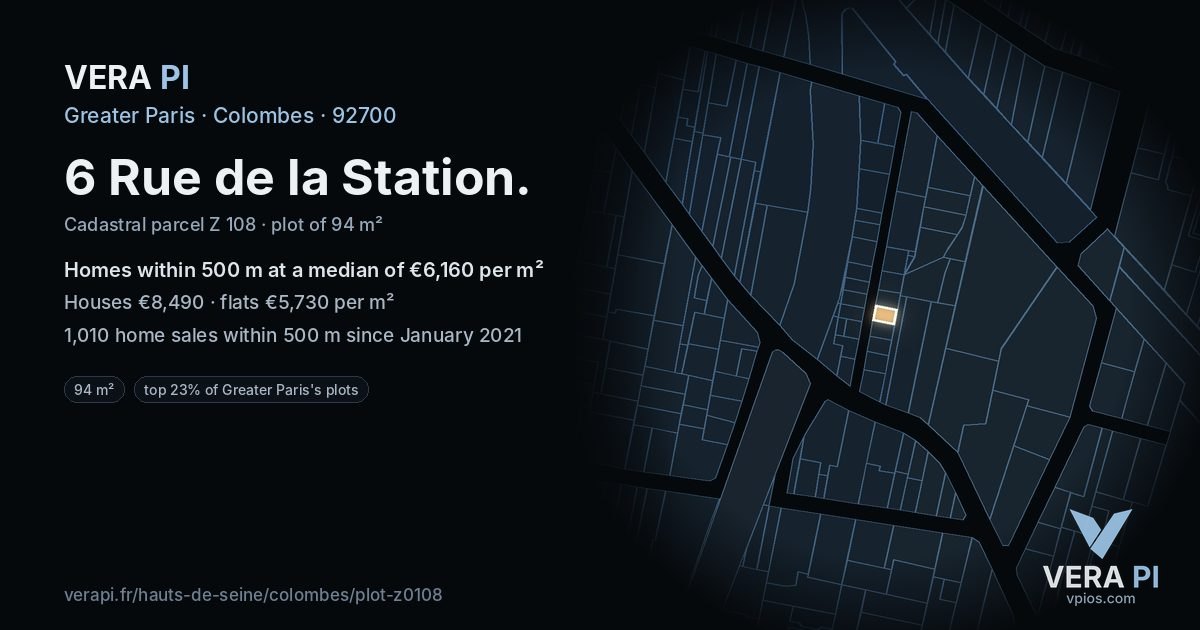 6 Rue de la Station, Colombes at night – the plot lit, the parcels around coloured by the prices near them