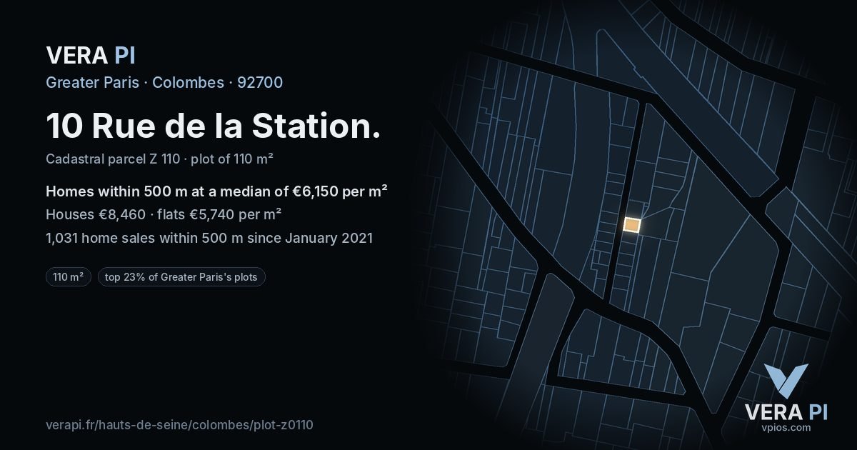 10 Rue de la Station, Colombes at night – the plot lit, the parcels around coloured by the prices near them