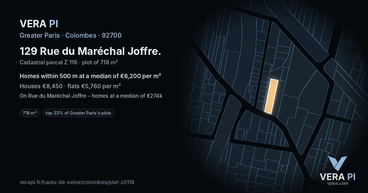 129 Rue du Maréchal Joffre, Colombes at night – the plot lit, the parcels around coloured by the prices near them