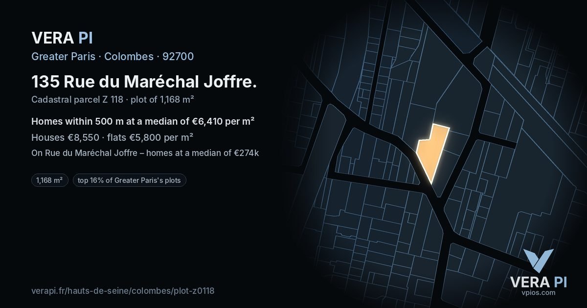 135 Rue du Maréchal Joffre, Colombes at night – the plot lit, the parcels around coloured by the prices near them