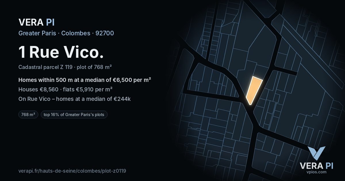 1 Rue Vico, Colombes at night – the plot lit, the parcels around coloured by the prices near them