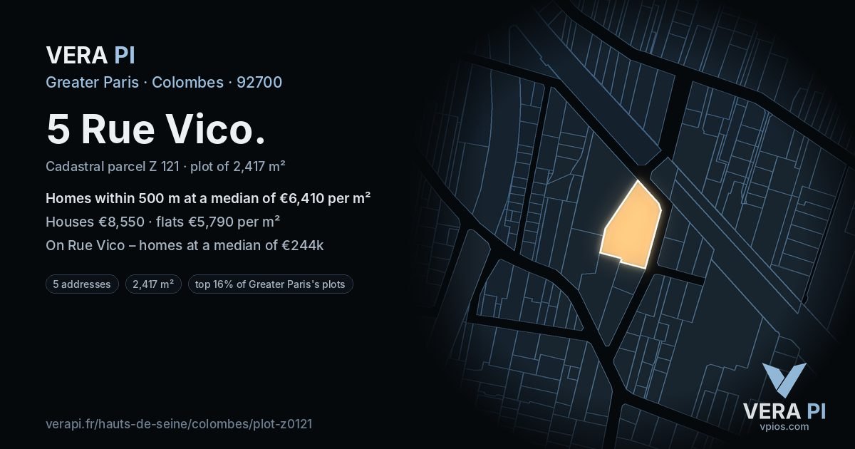 5 Rue Vico, Colombes at night – the plot lit, the parcels around coloured by the prices near them