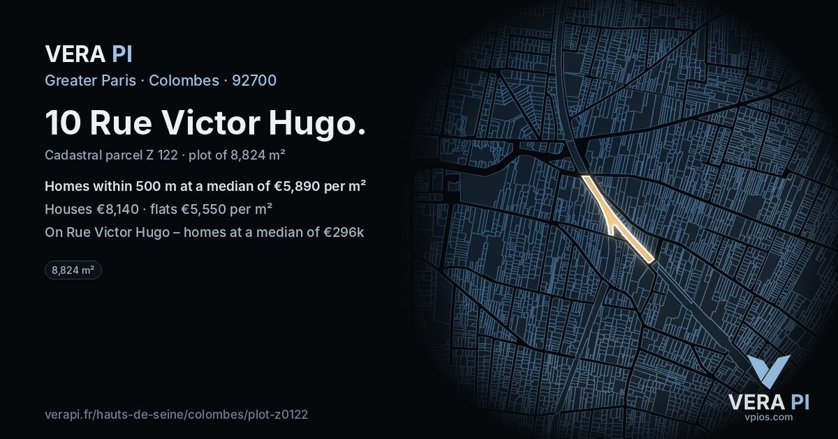 10 Rue Victor Hugo, Colombes at night – the plot lit, the parcels around coloured by the prices near them