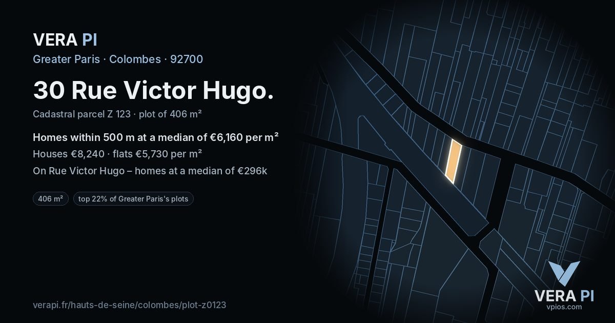 30 Rue Victor Hugo, Colombes at night – the plot lit, the parcels around coloured by the prices near them