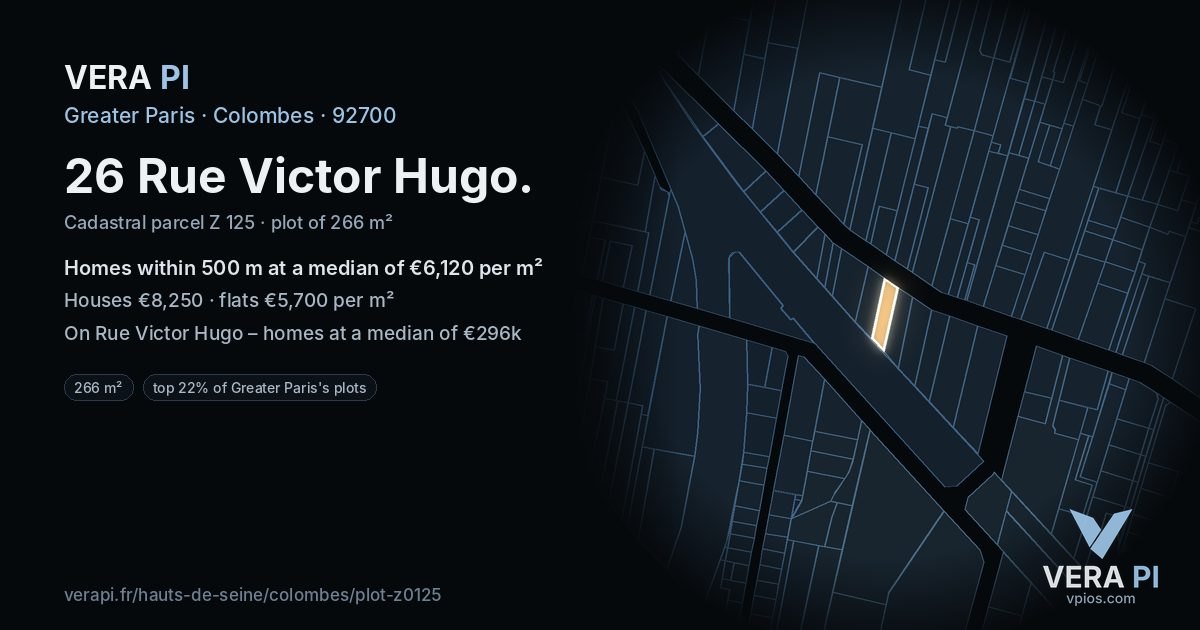 26 Rue Victor Hugo, Colombes at night – the plot lit, the parcels around coloured by the prices near them