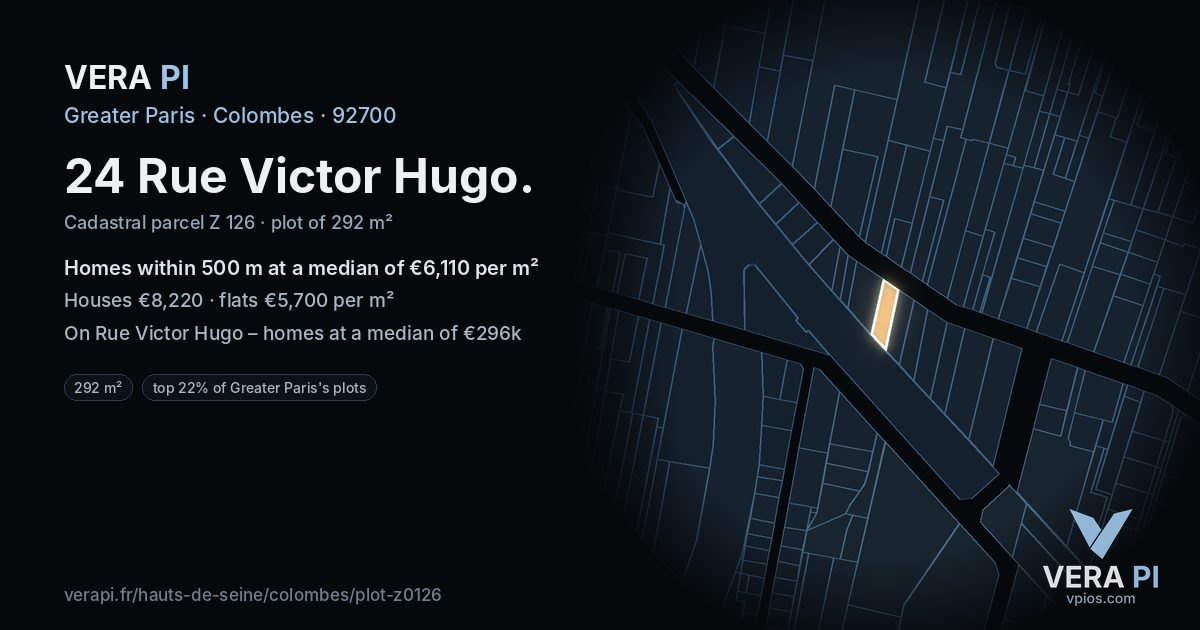 24 Rue Victor Hugo, Colombes at night – the plot lit, the parcels around coloured by the prices near them