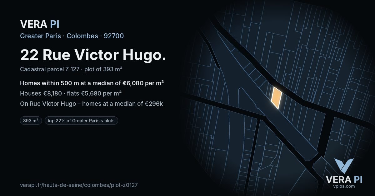 22 Rue Victor Hugo, Colombes at night – the plot lit, the parcels around coloured by the prices near them