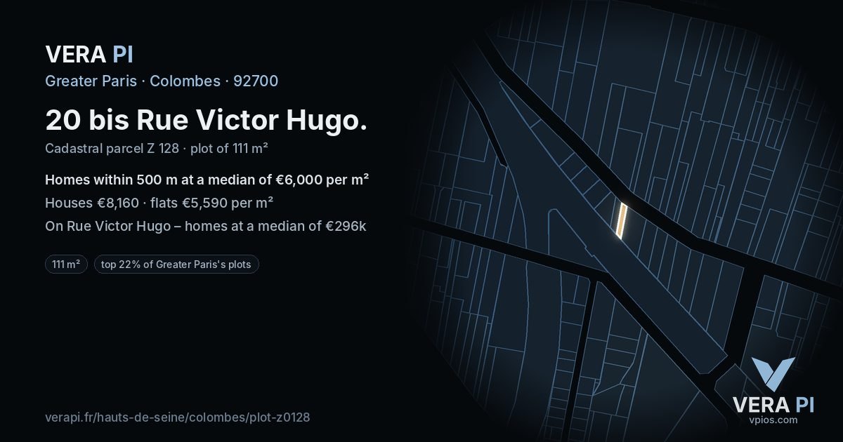 20 bis Rue Victor Hugo, Colombes at night – the plot lit, the parcels around coloured by the prices near them