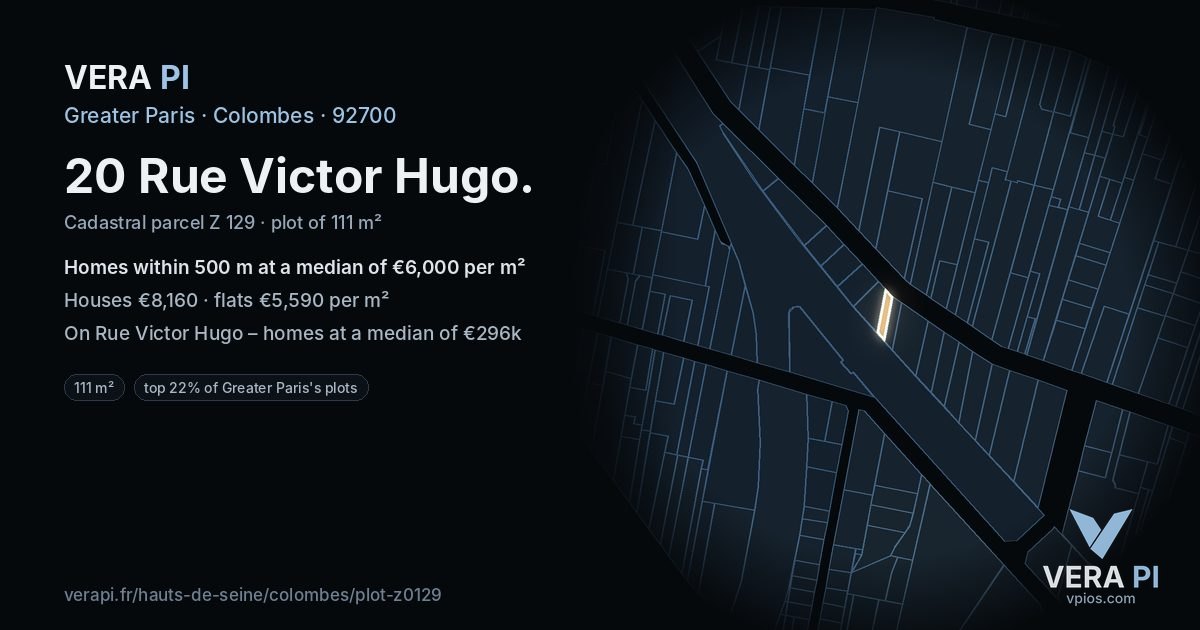 20 Rue Victor Hugo, Colombes at night – the plot lit, the parcels around coloured by the prices near them