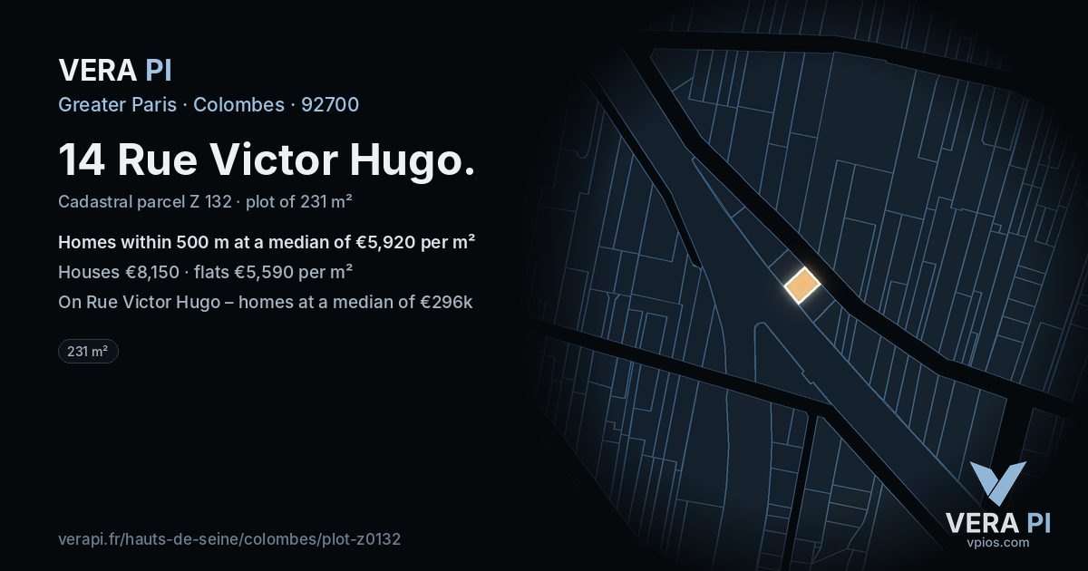 14 Rue Victor Hugo, Colombes at night – the plot lit, the parcels around coloured by the prices near them