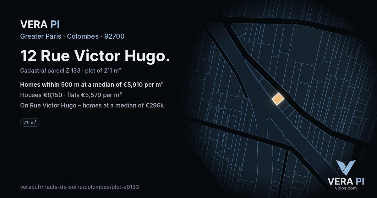 12 Rue Victor Hugo, Colombes at night – the plot lit, the parcels around coloured by the prices near them